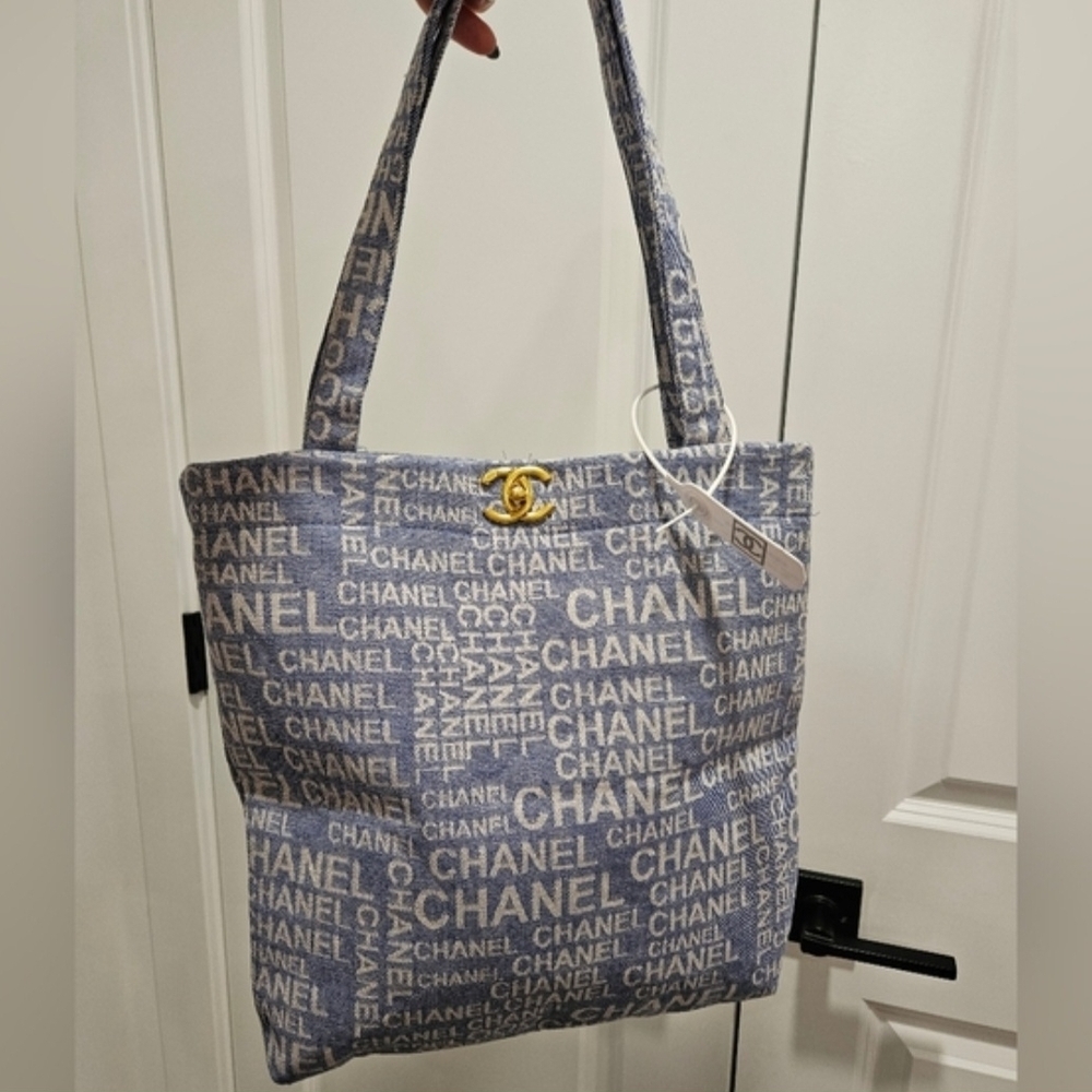 CHANEL Blue Denium Logo Canvas Tote with Gold-Tone Accent *GWP
